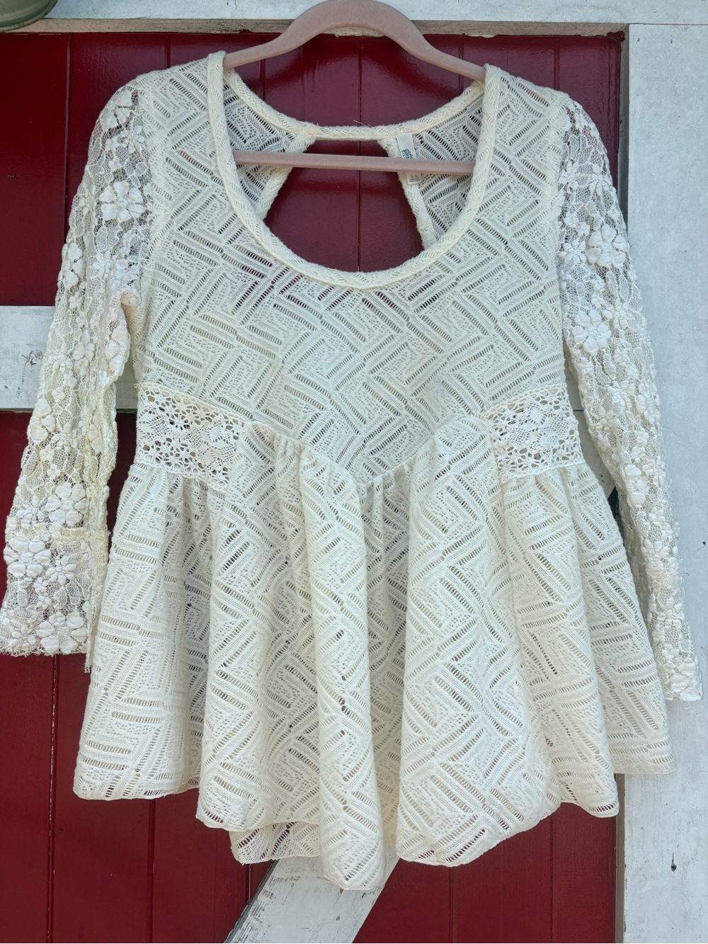 Free People Cream Lace Peplum Tunic with Crochet Sleeve Detail